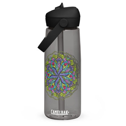 Bloom in Balance Swirling Flower Mandala Flip Straw Water Bottle charcoal