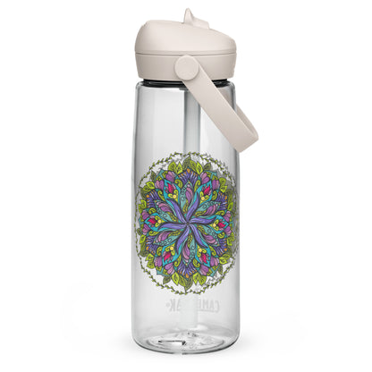 Bloom in Balance Swirling Flower Mandala Flip Straw Water Bottle clear