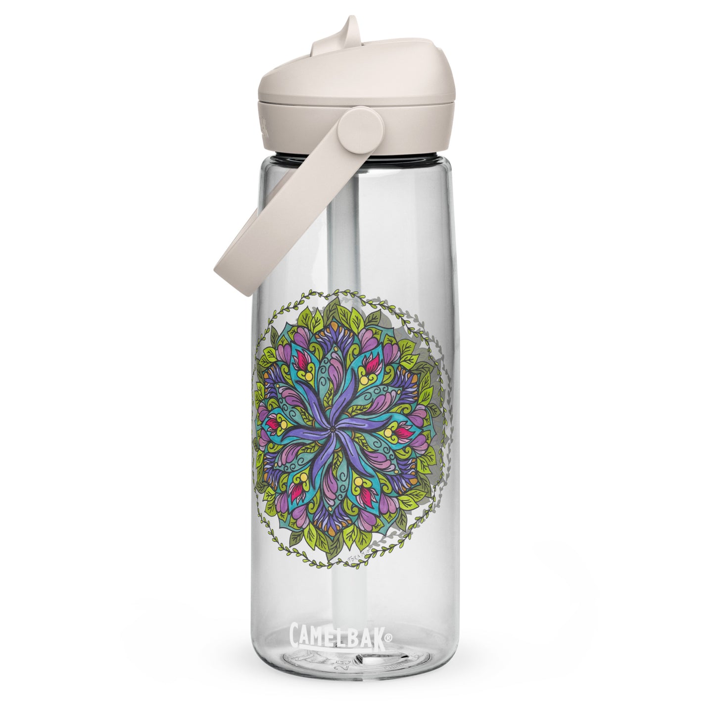 Bloom in Balance Swirling Flower Mandala Flip Straw Water Bottle clear