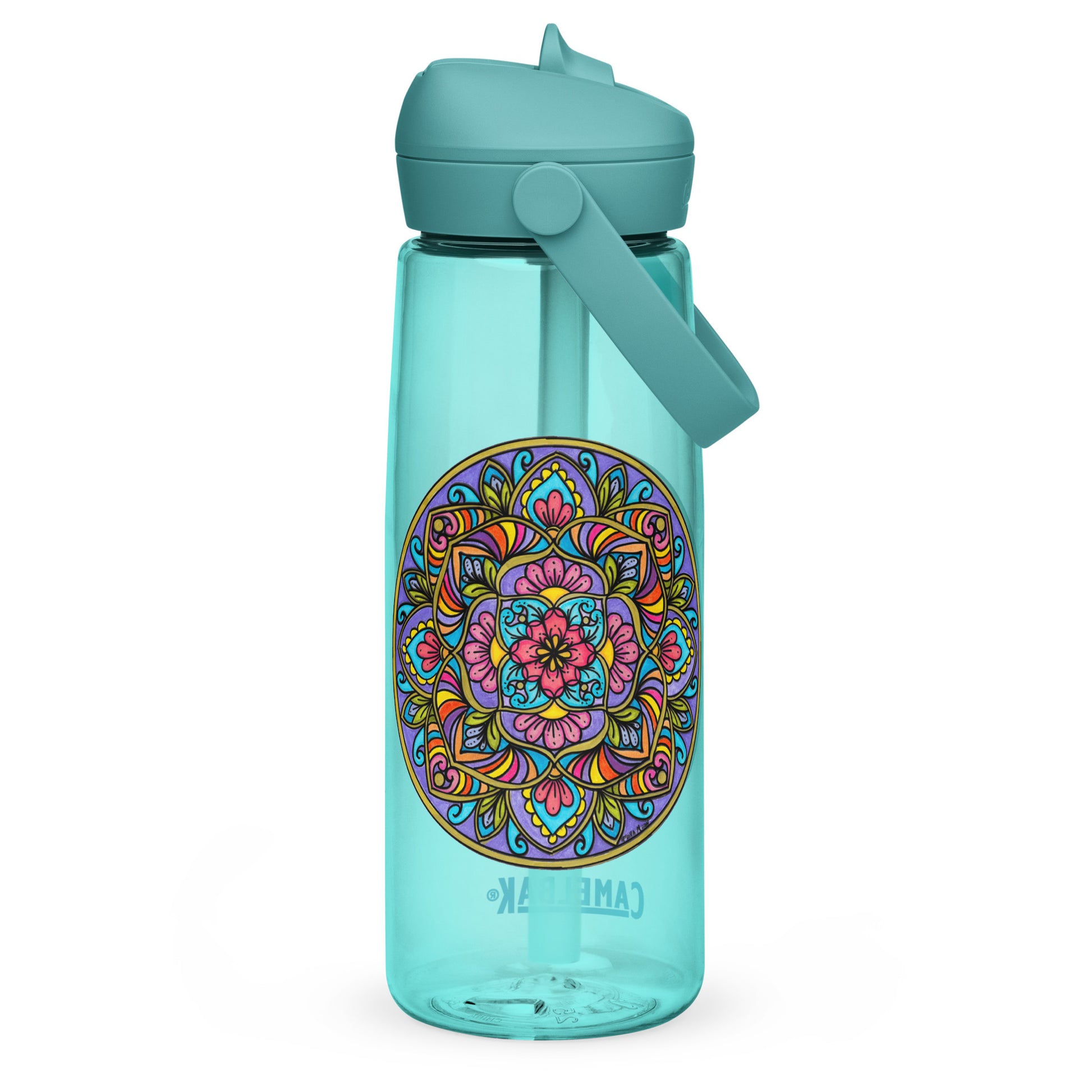 Floral Scrolls Mandala Flip Straw Water Bottle cove blue