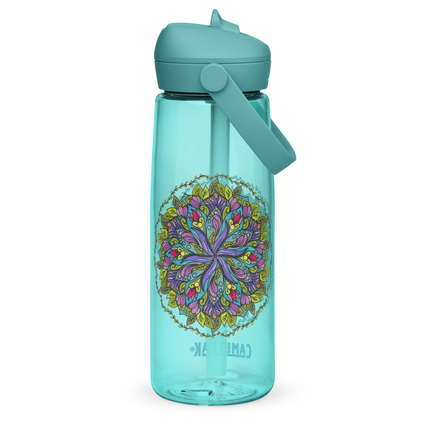 Bloom in Balance Swirling Flower Mandala Flip Straw Water Bottle cove blue