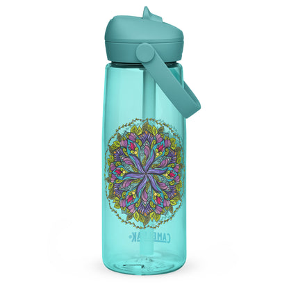 Bloom in Balance Swirling Flower Mandala Flip Straw Water Bottle cove blue