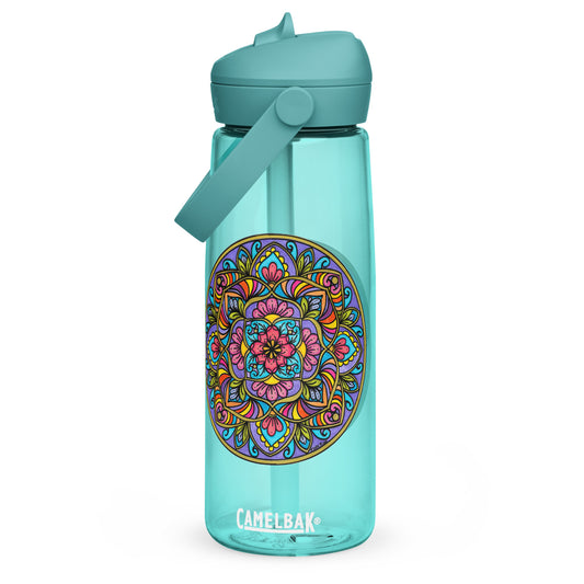 Floral Scrolls Mandala Flip Straw Water Bottle cove blue