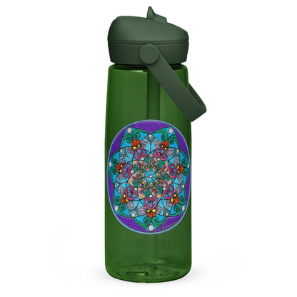 Elemental 7-Petal Mandala Flip Straw Water Bottle-forest green