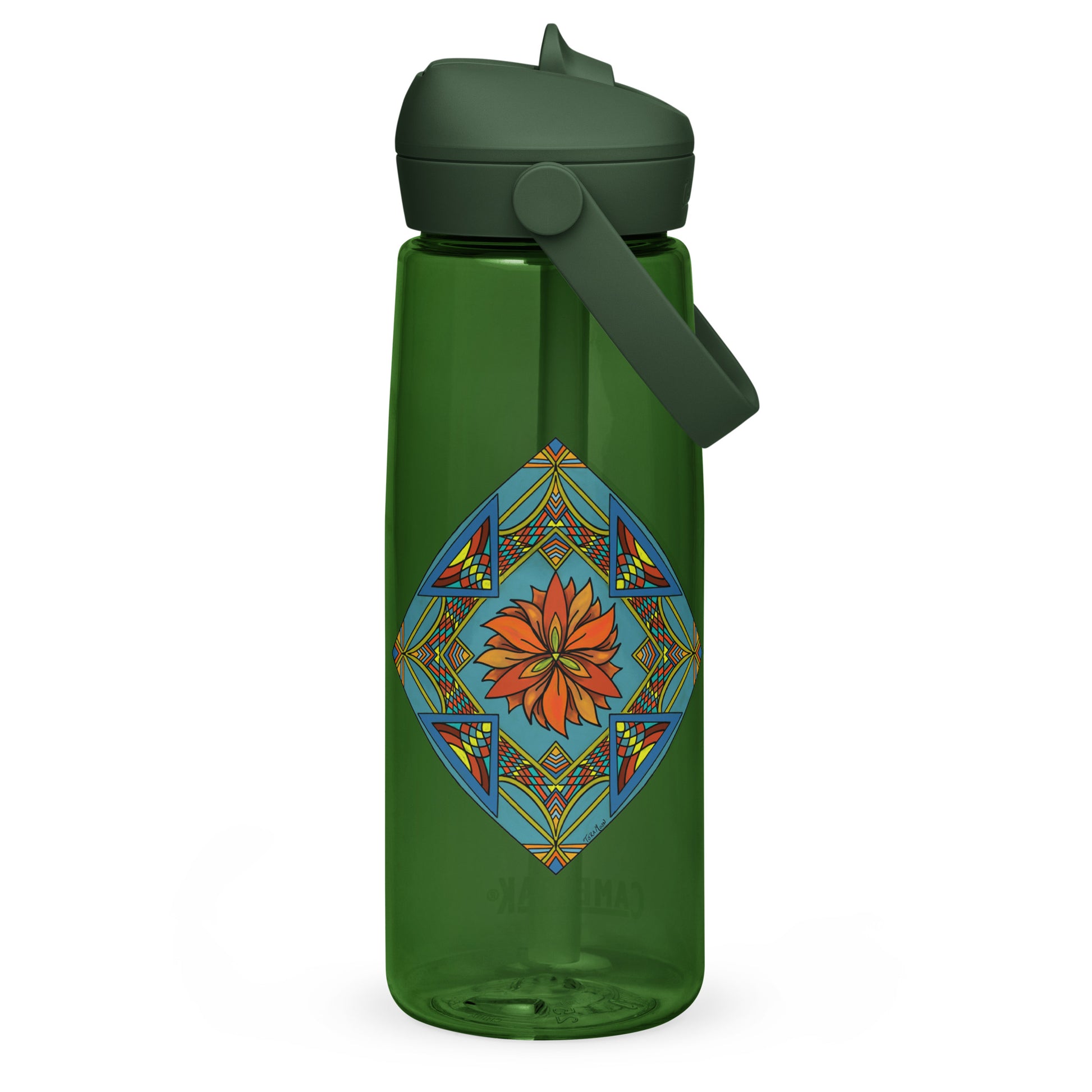 Fiery Radiance Mandala Flip Straw Water Bottle forest green