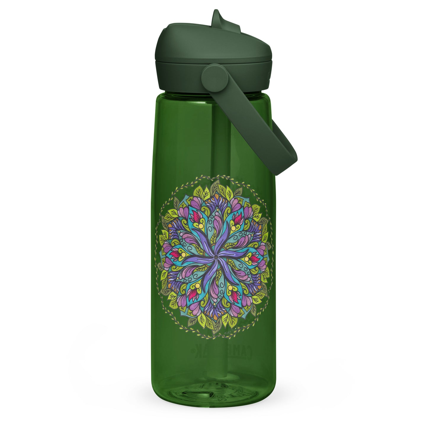 Bloom in Balance Swirling Flower Mandala Flip Straw Water Bottle forest green