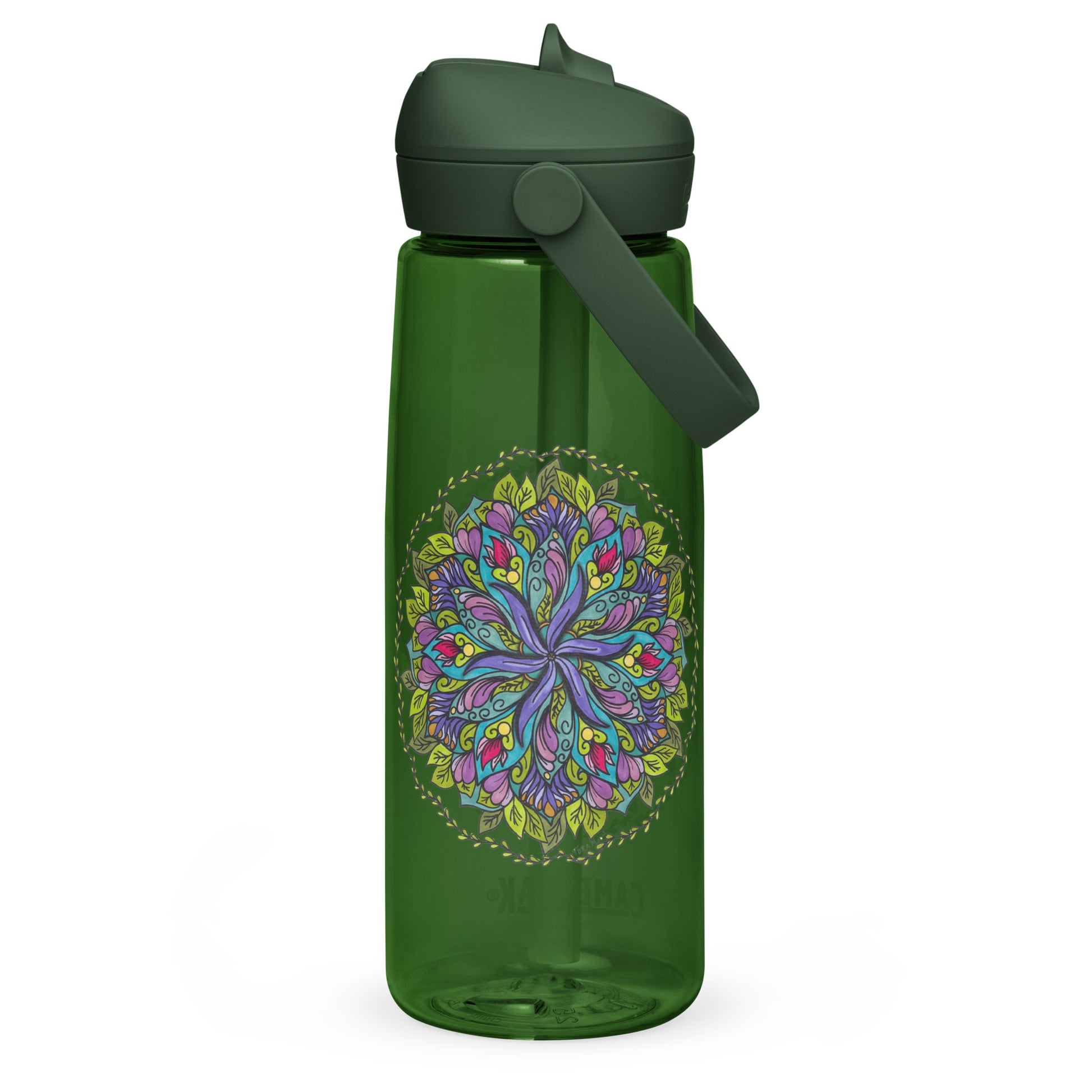 Bloom in Balance Swirling Flower Mandala Flip Straw Water Bottle forest green