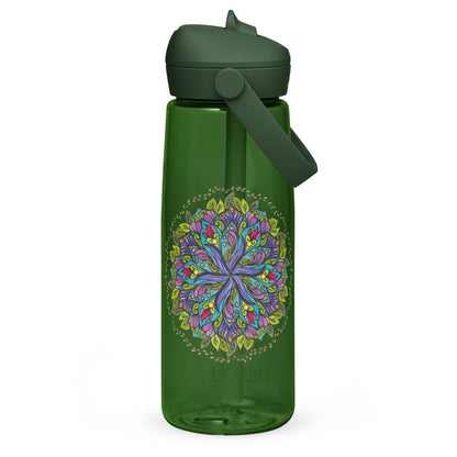 Bloom in Balance Swirling Flower Mandala Flip Straw Water Bottle forest green