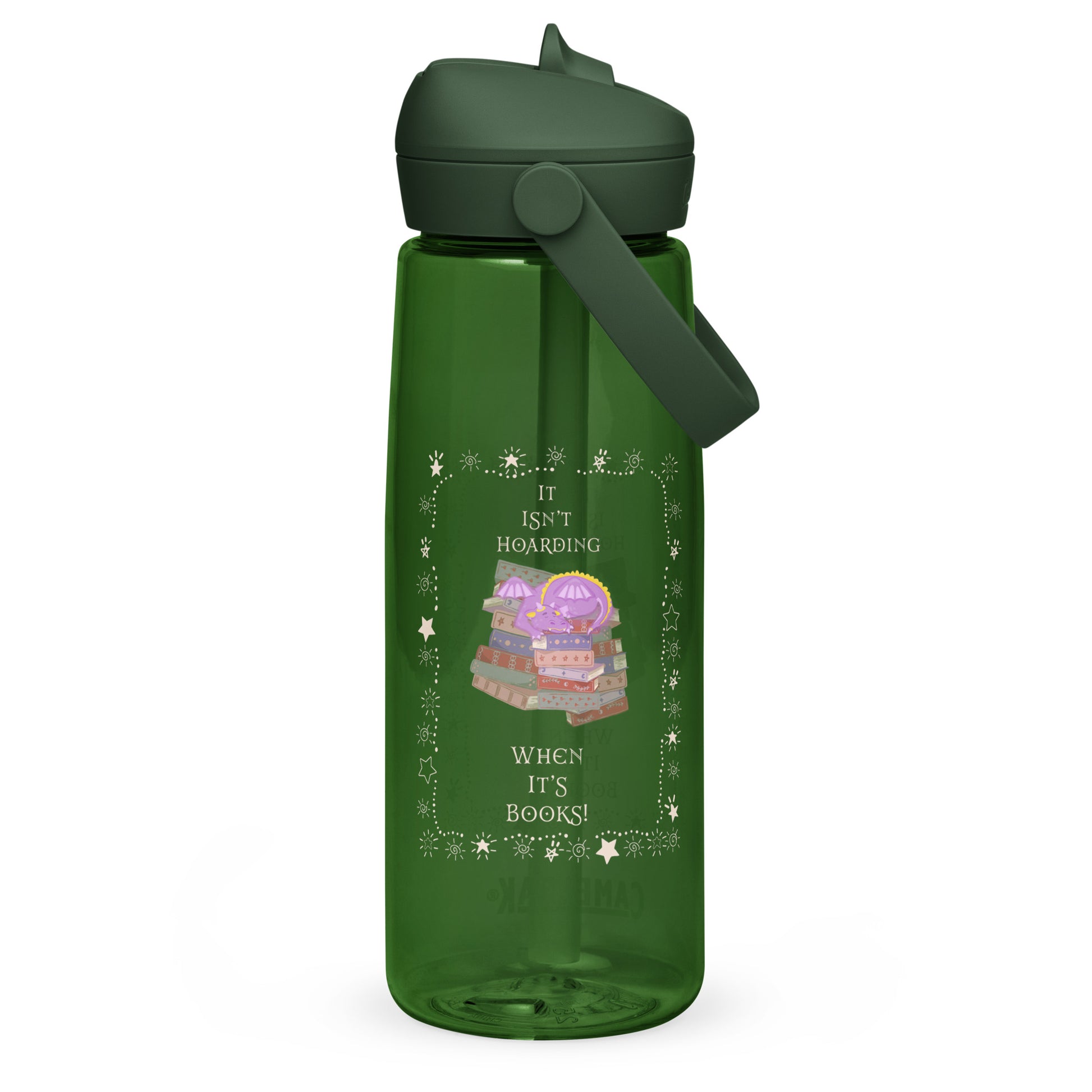 Whimsical Purple Book Hoarding Dragon Flip Straw Water Bottle forest green