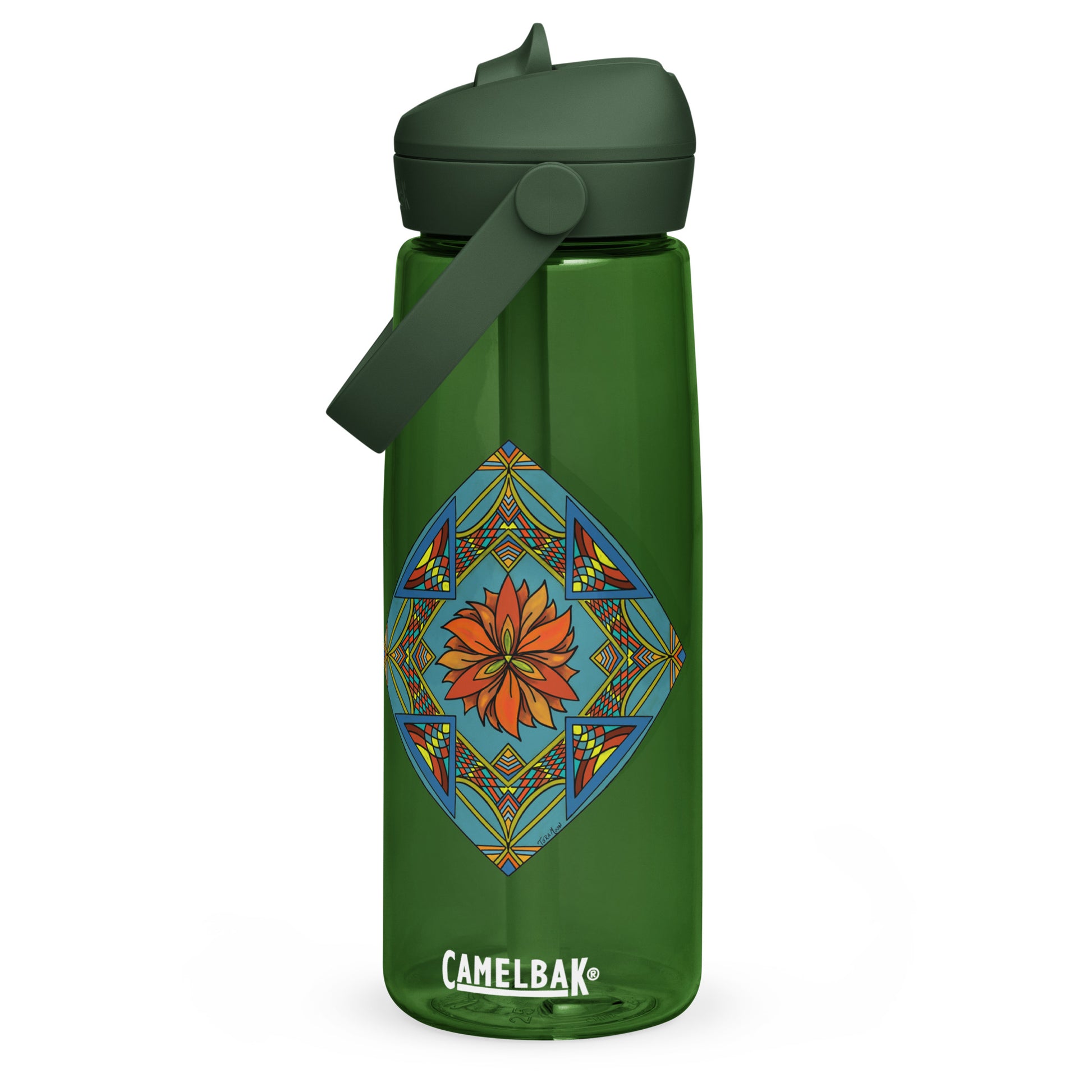 Fiery Radiance Mandala Flip Straw Water Bottle forest green