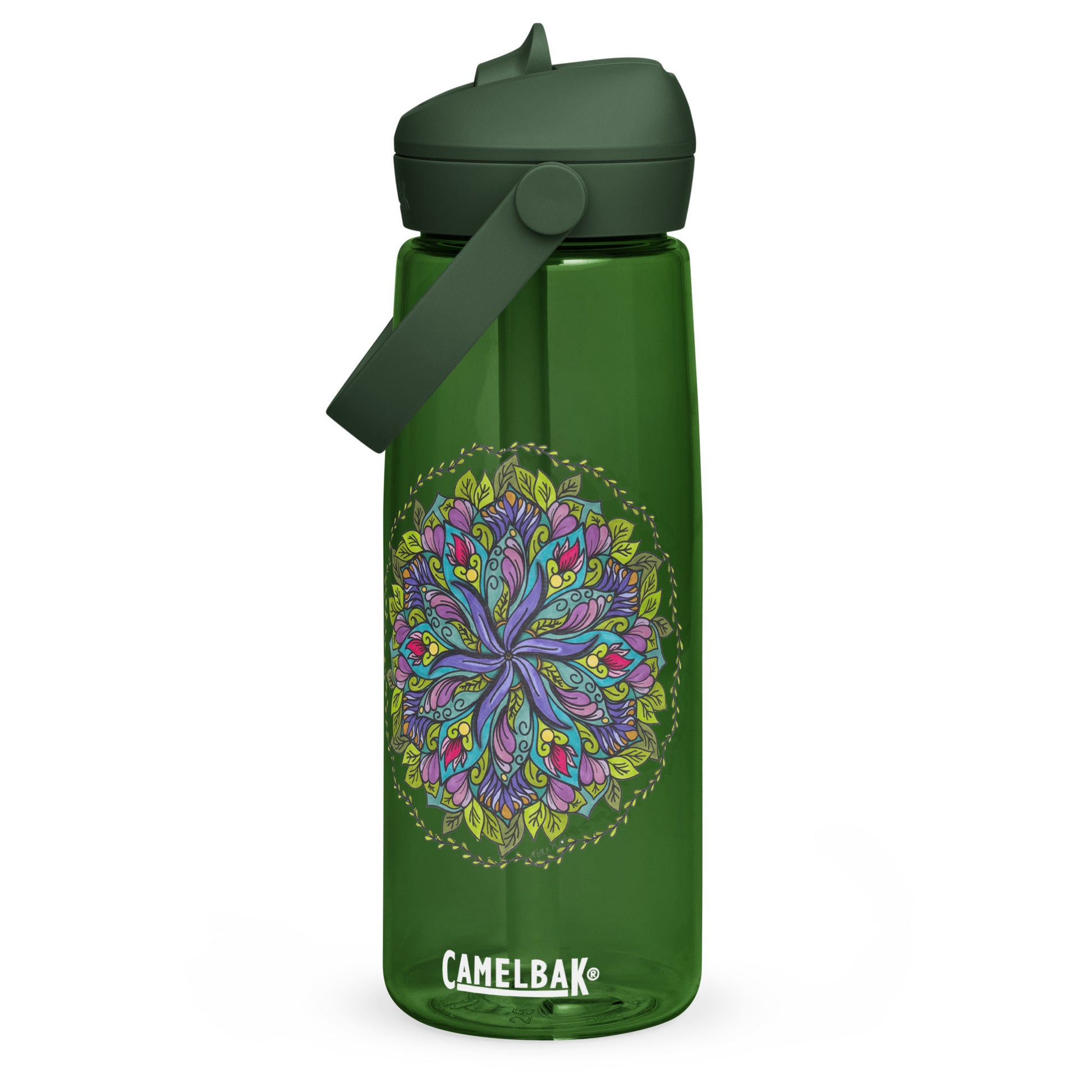 Bloom in Balance Swirling Flower Mandala Flip Straw Water Bottle forest green