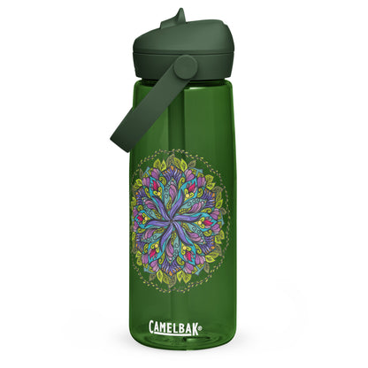 Bloom in Balance Swirling Flower Mandala Flip Straw Water Bottle forest green