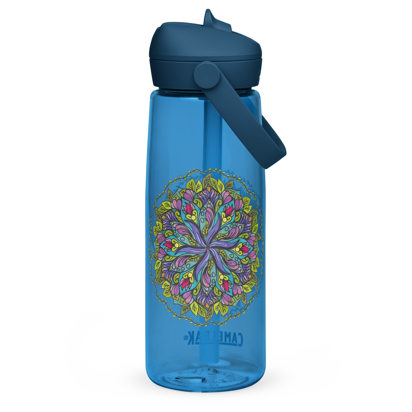 Bloom in Balance Swirling Flower Mandala Flip Straw Water Bottle oxford blue