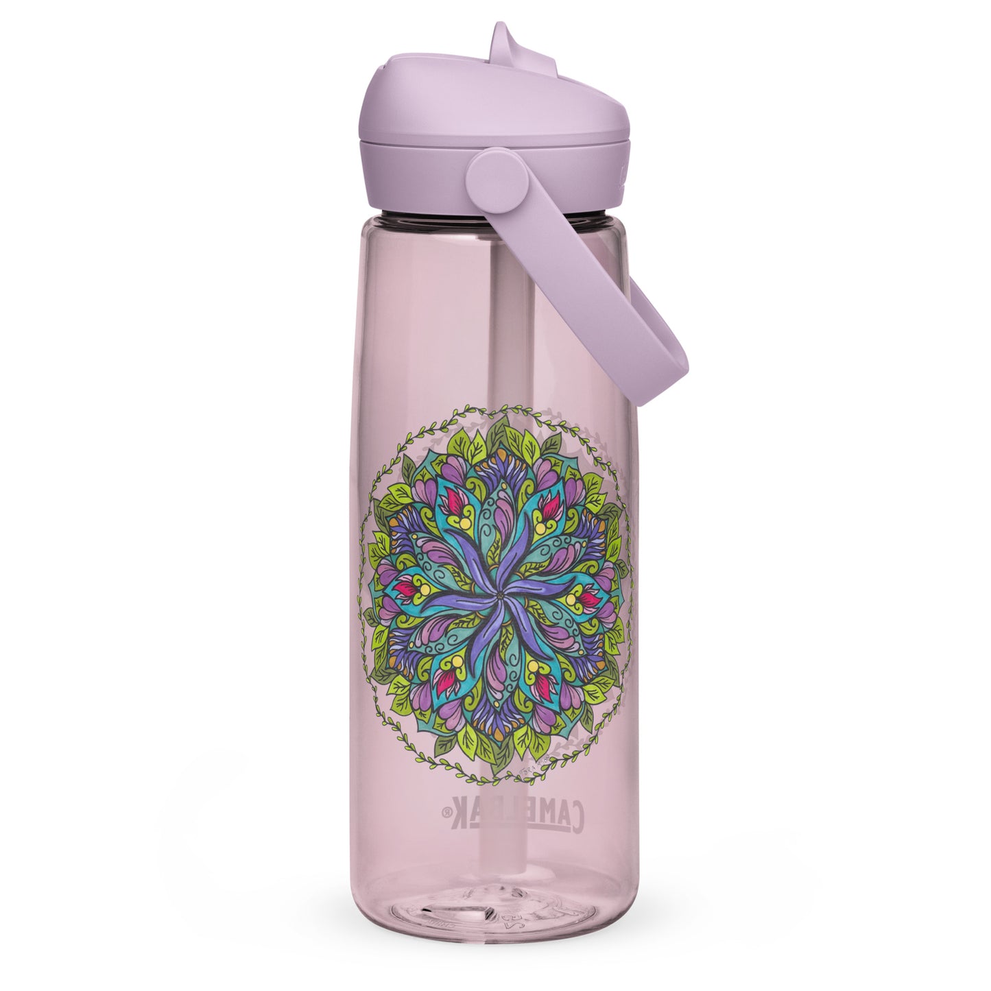 Bloom in Balance Swirling Flower Mandala Flip Straw Water Bottle purple sky