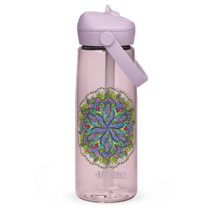 Bloom in Balance Swirling Flower Mandala Flip Straw Water Bottle purple sky