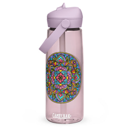 Floral Scrolls Mandala Flip Straw Water Bottle purple sky
