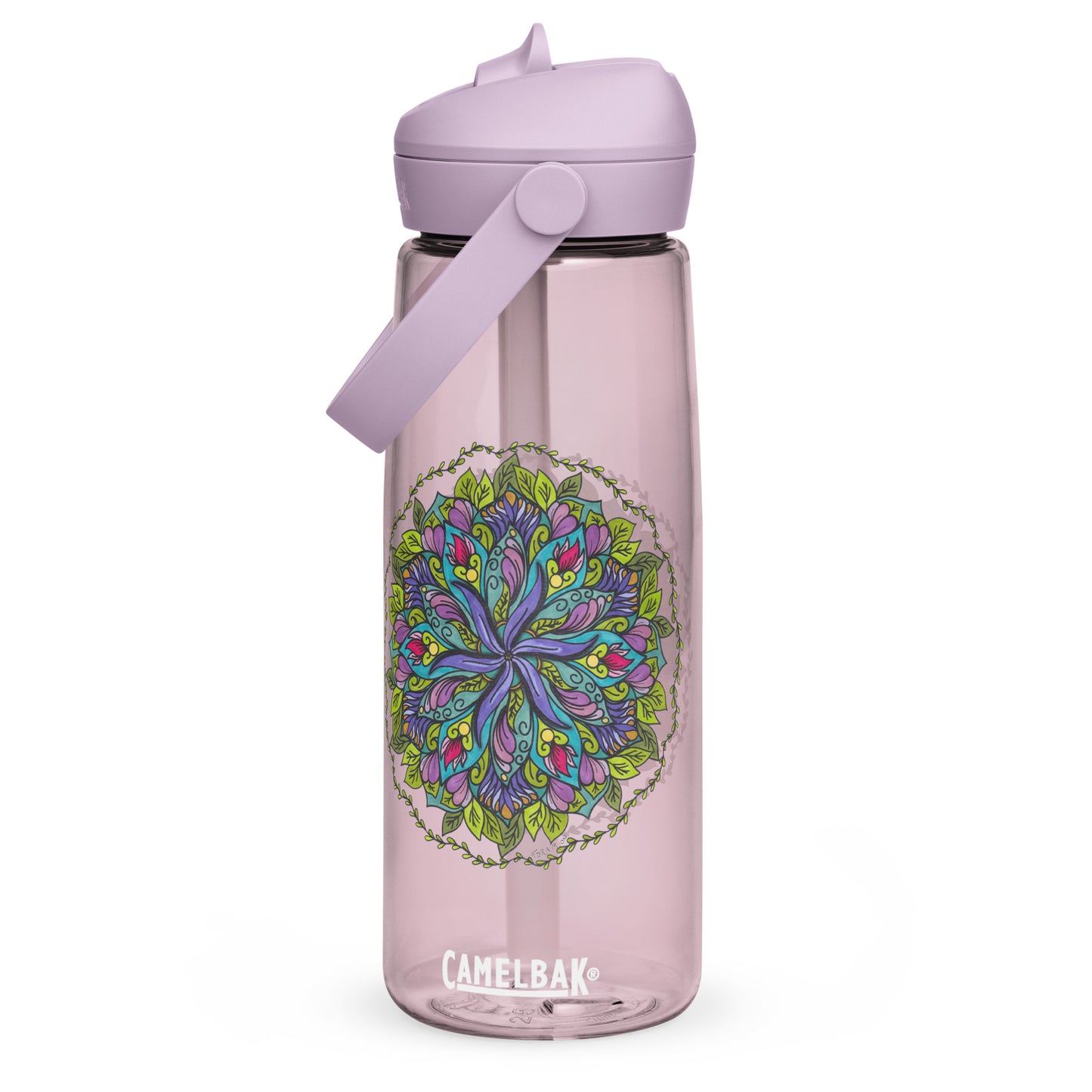 Bloom in Balance Swirling Flower Mandala Flip Straw Water Bottle purple sky