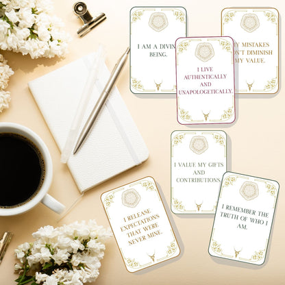 Freya Sacred Worth affirmation cards displayed on a desk with journal and coffee, showing printable daily affirmations for inherent worth, self-value, and embodied wholeness.