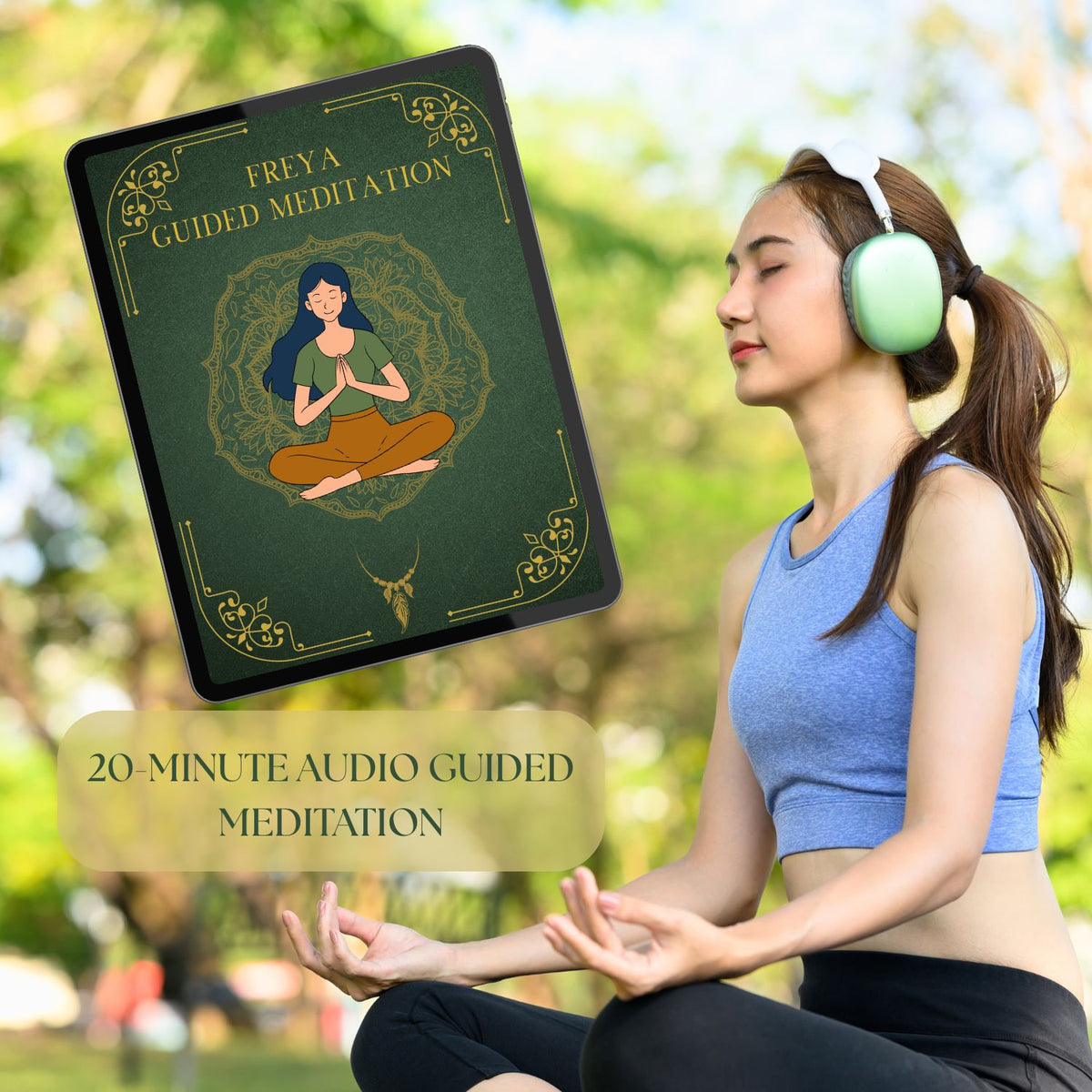 Woman listening to the Freya Guided Meditation with headphones outdoors, illustrating a 20-minute audio meditation for self-worth, grounding, and embodied devotional practice.