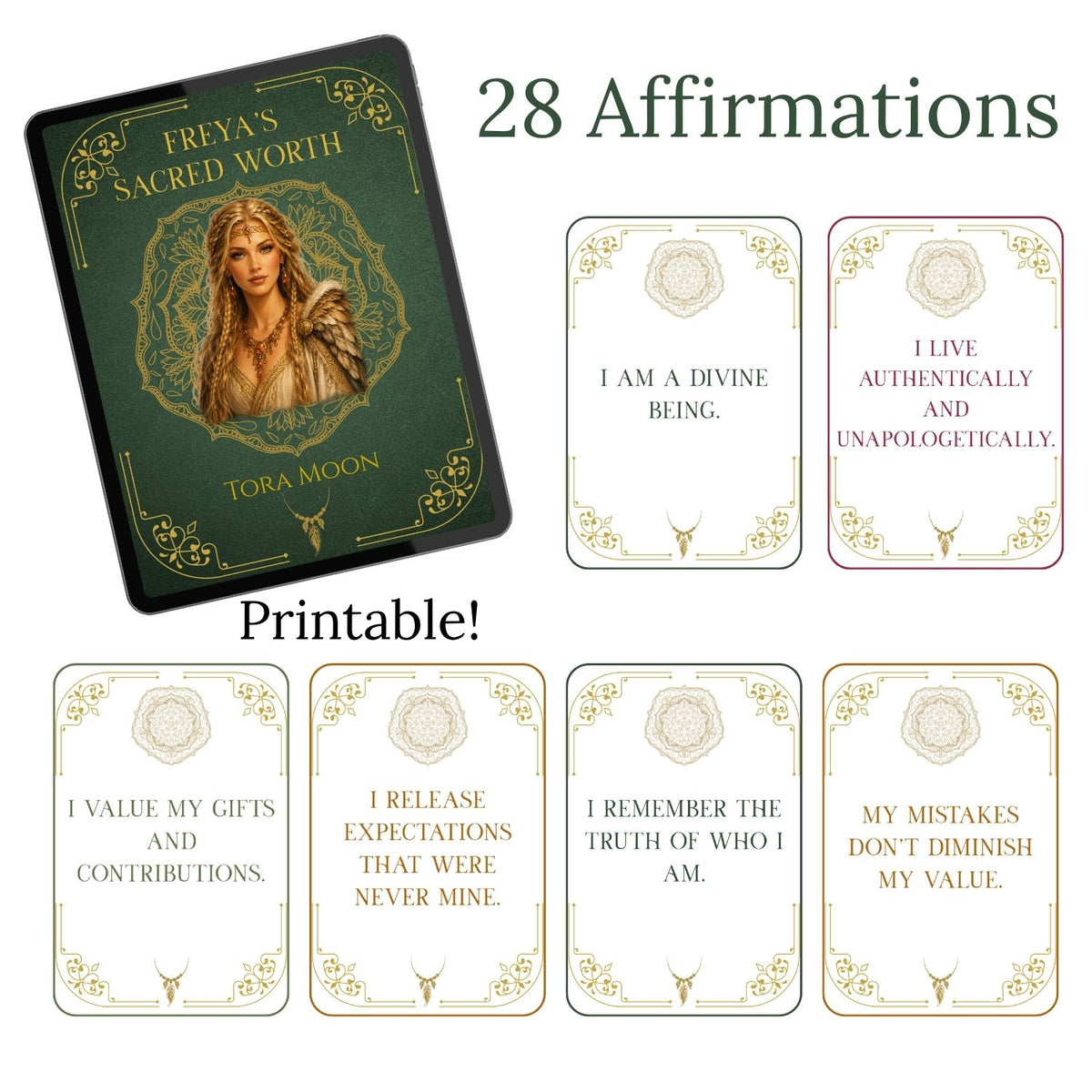 Printable affirmation cards from Freya's Sacred Worth, featuring 28 devotional worth affirmations designed to support mindset shifts around your inherent worth, self-value, desire, inner knowing, and living by your own measure.