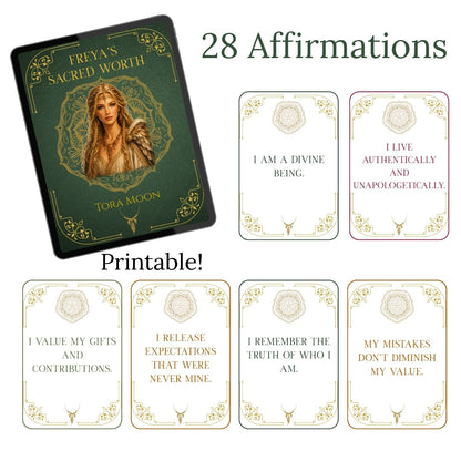 Printable affirmation cards from Freya's Sacred Worth, featuring 28 devotional worth affirmations designed to support mindset shifts around your inherent worth, self-value, desire, inner knowing, and living by your own measure.