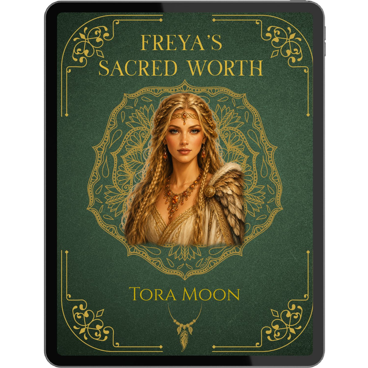 Cover image of Freya’s Sacred Worth, an embodied devotional self-love practice featuring the Goddess Freya on a green and gold mandala background, part of the Goddess Remembrance Guides by Tora Moon.
