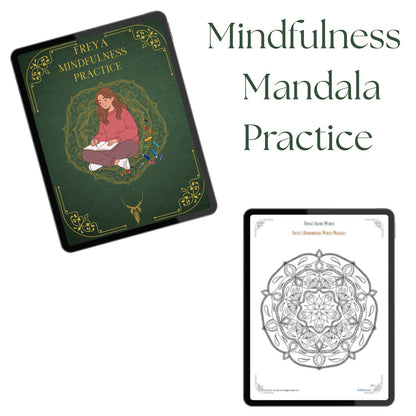 Digital mockup of Freya Mindfulness Mandala Practice PDF and printable mandala page included in the Goddess Remembrance Guide by Tora Moon.