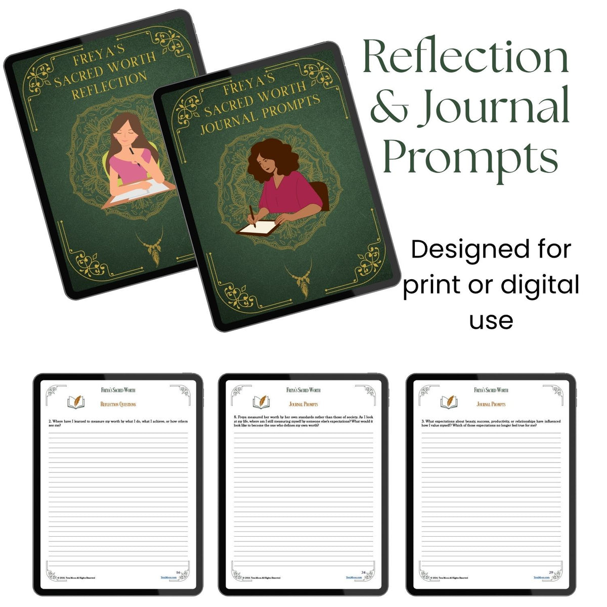 Reflection and journaling prompts from Freya's Sacred Worth, designed for thoughtful written exploration of inherent worth, self-value, desire, and inner knowing through print or digital use.