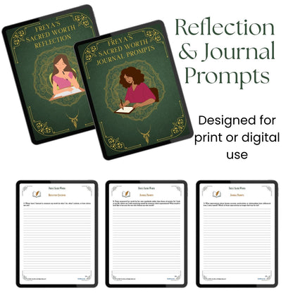 Reflection and journaling prompts from Freya's Sacred Worth, designed for thoughtful written exploration of inherent worth, self-value, desire, and inner knowing through print or digital use.