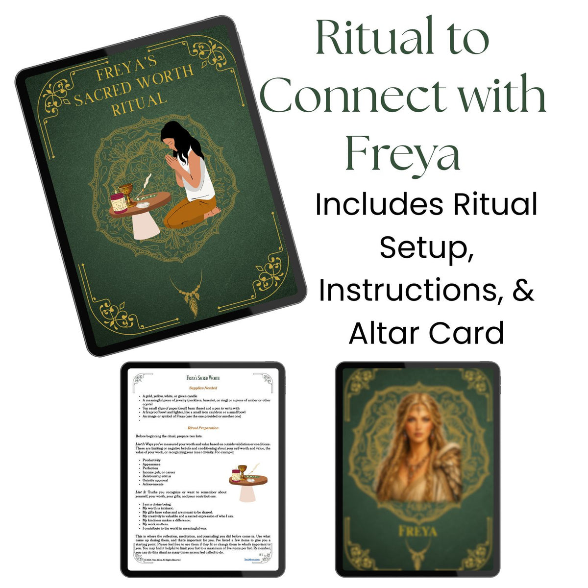 Freya’s self-worth ritual included in Freya's Sacred Worth, featuring ritual setup instructions and an altar card to support devotional connection and remembrance.