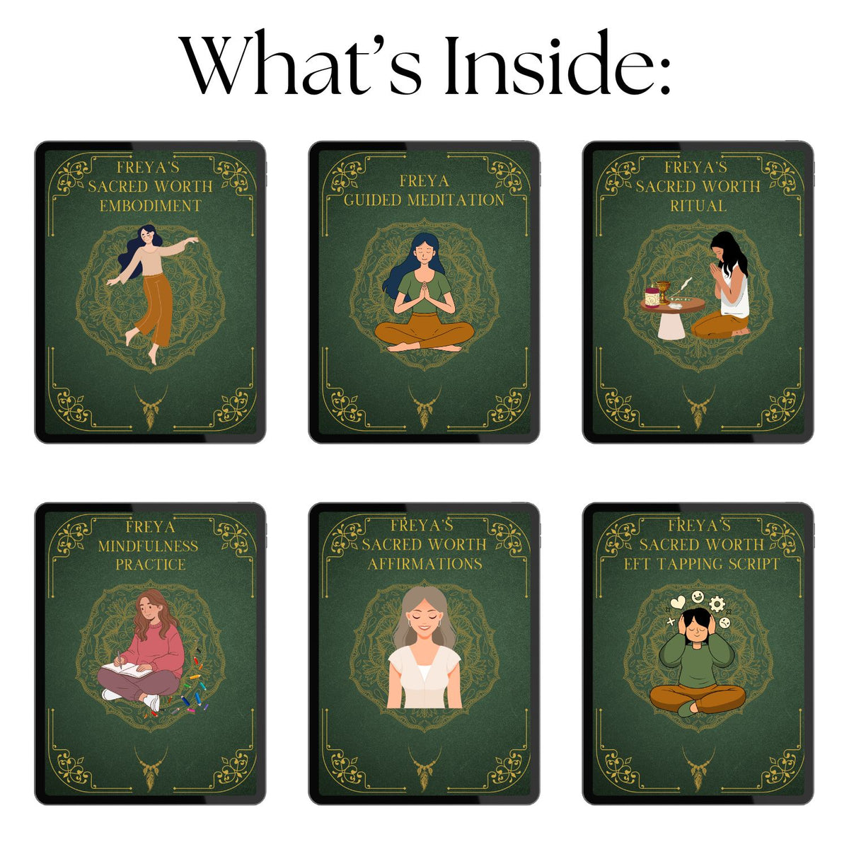 Overview image showing what’s included in Freya's Sacred Worth, including embodiment practices, guided meditation, ritual, affirmations, EFT tapping, and a daily self-worth planner.