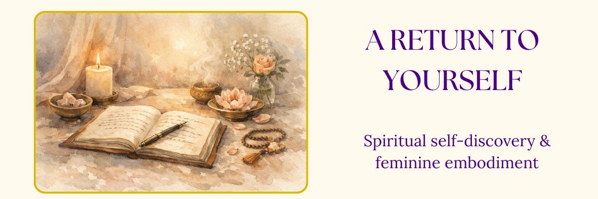 Goddess mindset transformation guides banner with ritual journal, candle, and sacred objects representing spiritual self-discovery and feminine embodiment
