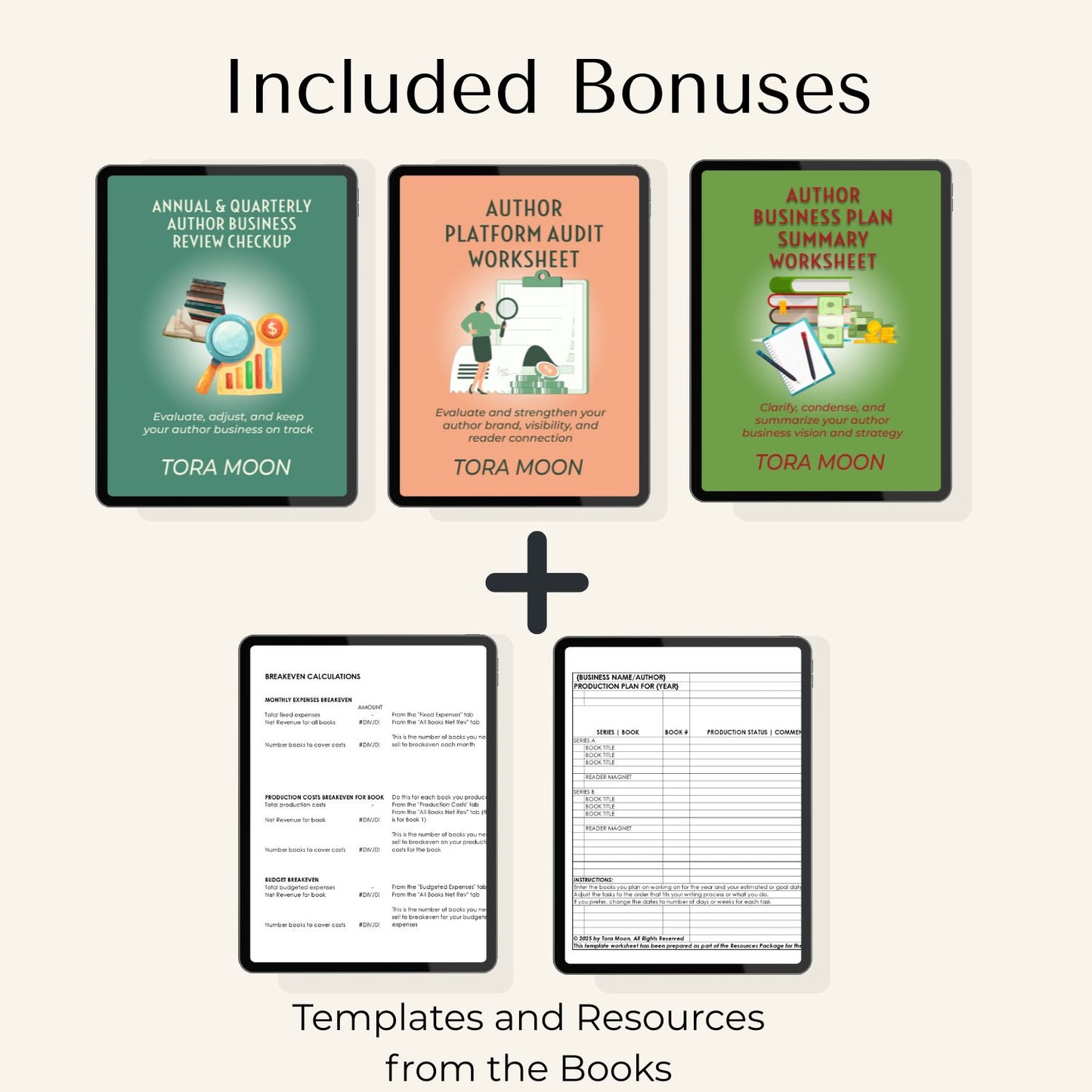 Bonuses included in the Indie Author Business System: Annual and Quarterly Review Checkup, Author Platform Audit Worksheet, Business Plan Summary Worksheet, plus book templates and production planning worksheets.