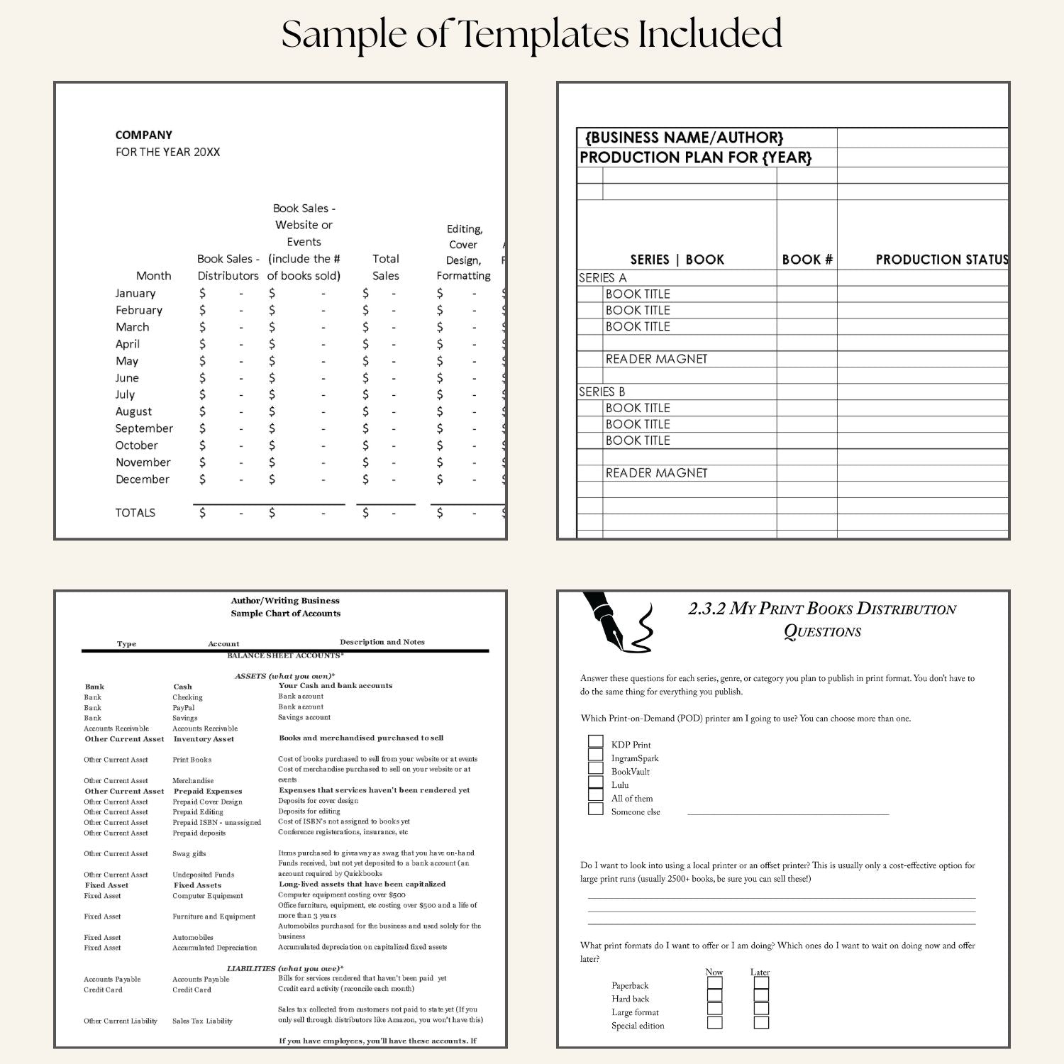 Preview of templates and worksheets included in Tora Moon’s Indie Author Business System, featuring sample financial spreadsheets, production planning pages, distribution checklists, and planning tools from the Business Guides
