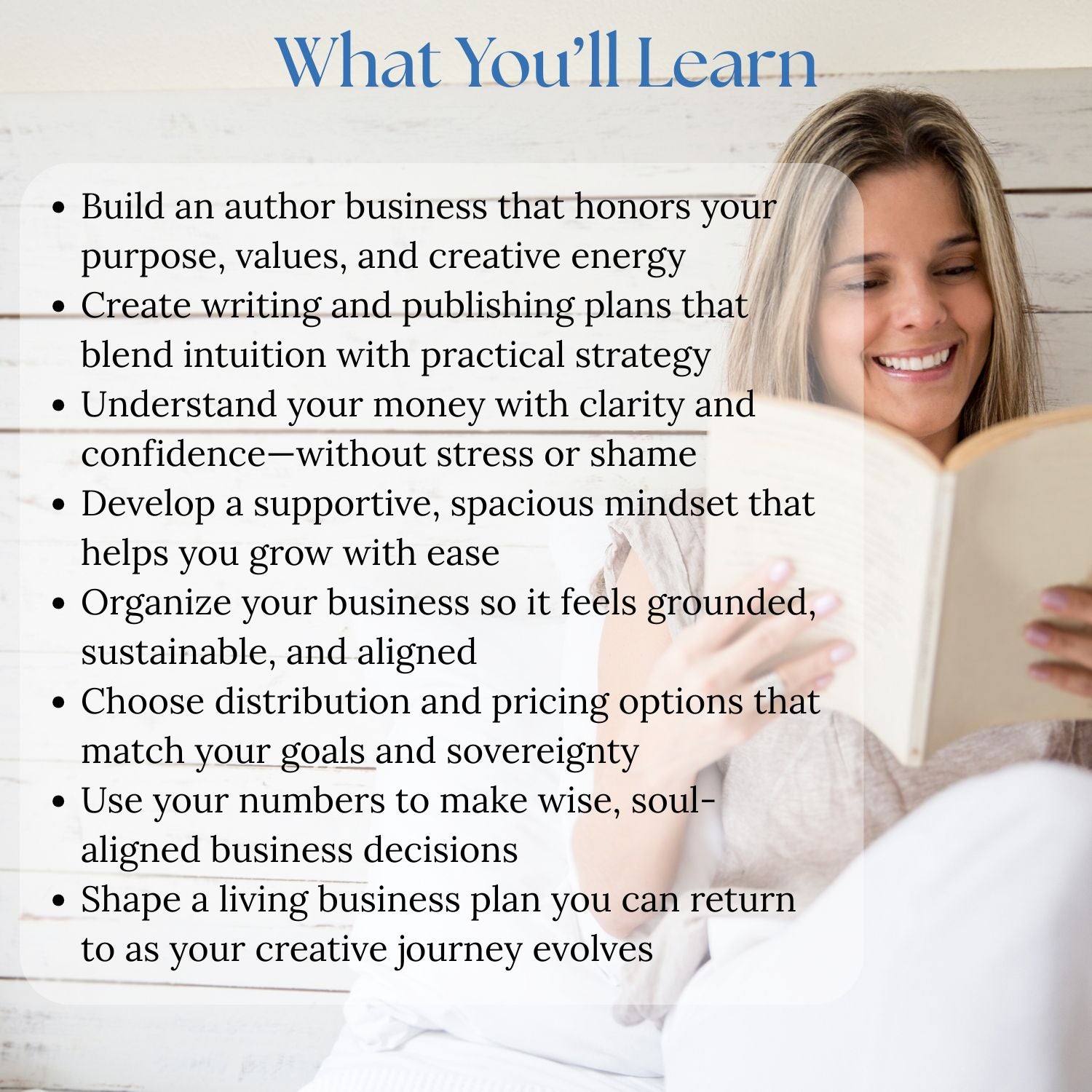 What you’ll learn in the Indie Author Business System by Tora Moon, including building an aligned author business, intuitive planning, confident money management, supportive mindset growth, and sustainable creative business foundations.