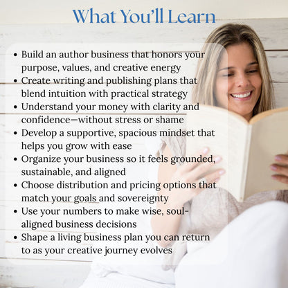 What you’ll learn in the Indie Author Business System by Tora Moon, including building an aligned author business, intuitive planning, confident money management, supportive mindset growth, and sustainable creative business foundations.