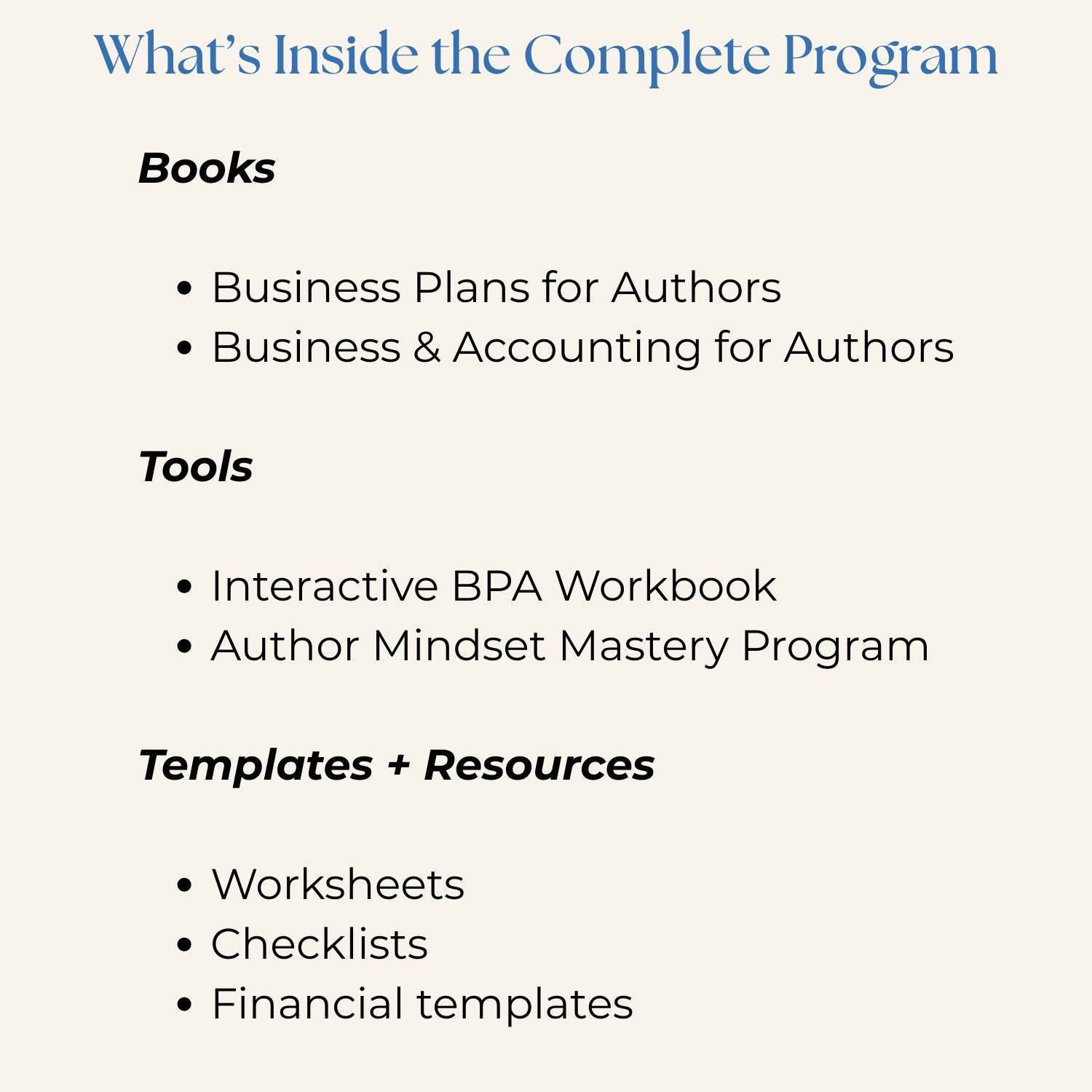 Indie Author Business System contents overview listing books, workbook, mindset program, templates, and resources included in the complete program for spiritually aligned indie authors.