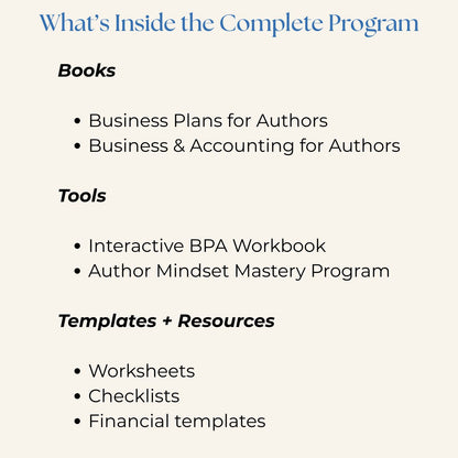 Indie Author Business System contents overview listing books, workbook, mindset program, templates, and resources included in the complete program for spiritually aligned indie authors.