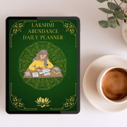 Lakshmi Abundance Daily Planner shown on a tablet beside a cup of coffee, representing a daily devotional planning practice for cultivating abundance, intention, and self-worth