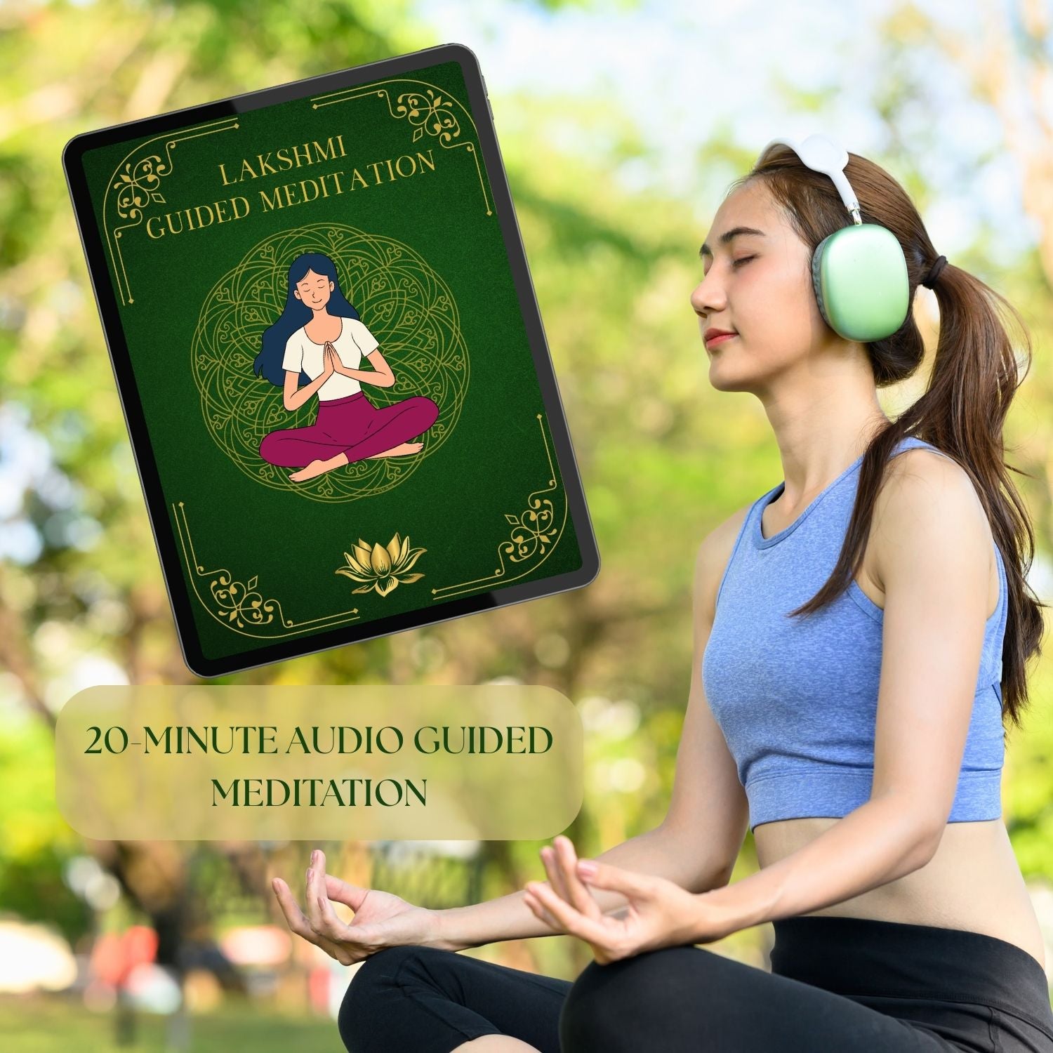 Woman listening to the Lakshmi Guided Meditation with headphones outdoors, illustrating a 20-minute audio meditation for abundance, grounding, and embodied devotional practice