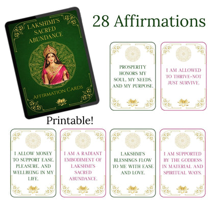 Printable affirmation cards from Lakshmi’s Sacred Abundance, featuring 28 devotional abundance affirmations designed to support mindset shifts around worth, receiving, and prosperity.