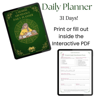 Interactive daily abundance planner from Lakshmi’s Sacred Abundance, a 31-day devotional planning practice designed for print or digital use to support embodied abundance work.