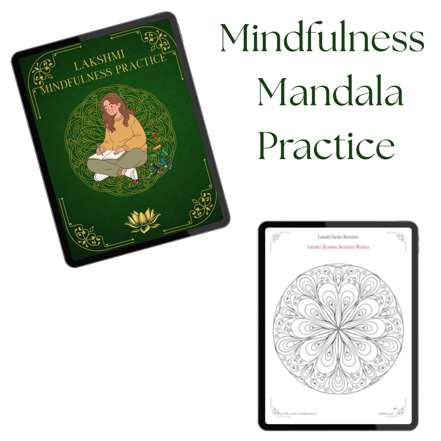 Digital mockup of Lakshmi Mindfulness Mandala Practice PDF and printable mandala page included in the Goddess Mindset Transformation Guide by Tora Moon.