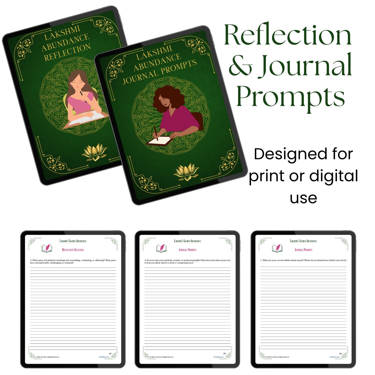 Reflection and journaling prompts from Lakshmi’s Sacred Abundance, designed for thoughtful written exploration of abundance, worth, and inner beliefs through print or digital use.