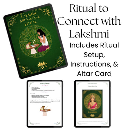 Lakshmi abundance ritual included in Lakshmi’s Sacred Abundance, featuring ritual setup instructions and an altar card to support devotional connection and inner transformation.