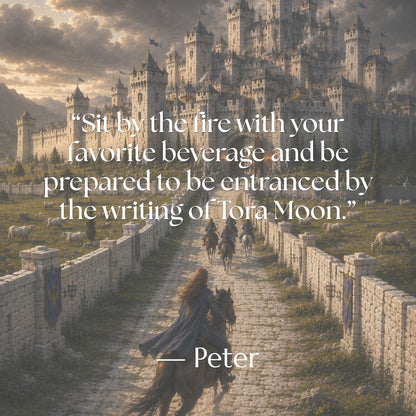 Reader review of Tora Moon’s Legends of Lairheim series by Peter over a painterly image of travelers riding toward a castle in Lairheim.