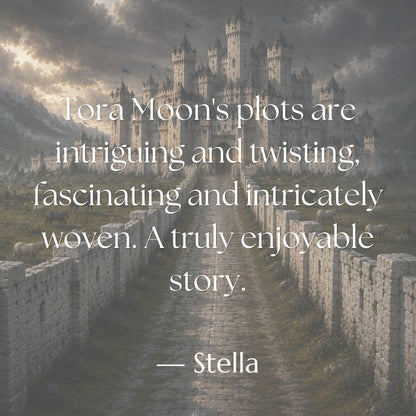 Reader review of Tora Moon’s Legends of Lairheim series by Stella over a painterly image of a castle at the end of a stone road.