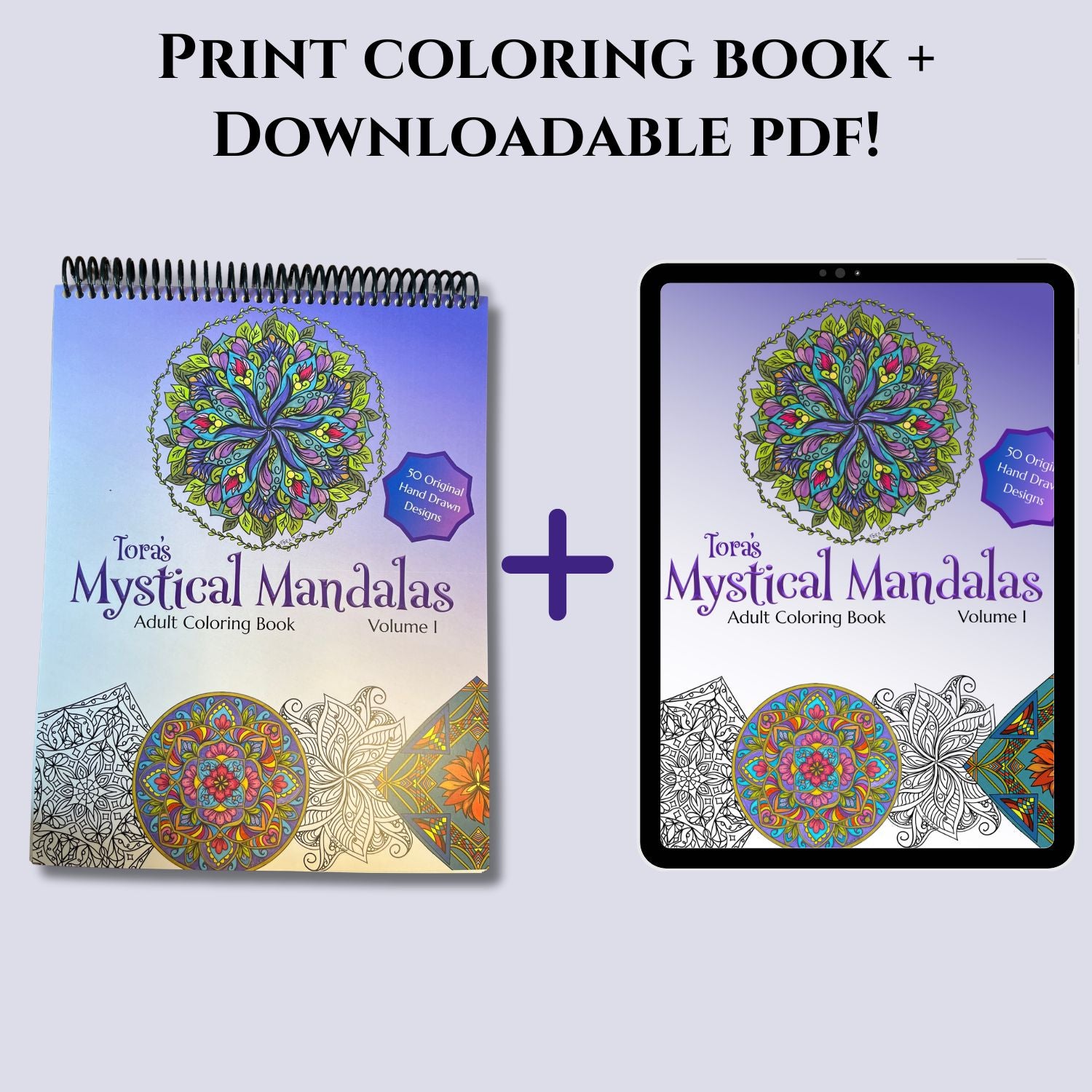 Print coloring book and downloadable PDF of 'Mystical Mandalas' on a light gray background