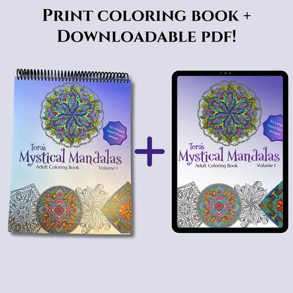 Print coloring book and downloadable PDF of 'Mystical Mandalas' on a light gray background