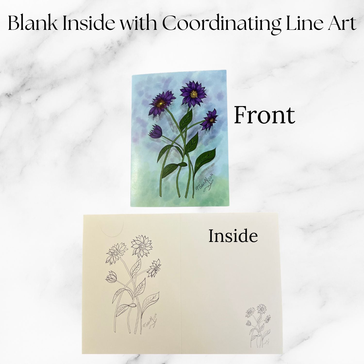 Front and inside view of the Purple Daisies note card from Tora Moon’s Blooming Expressions set. Front shows digital watercolor-style purple daisies; inside features coordinating black line art for a creative, elegant touch.